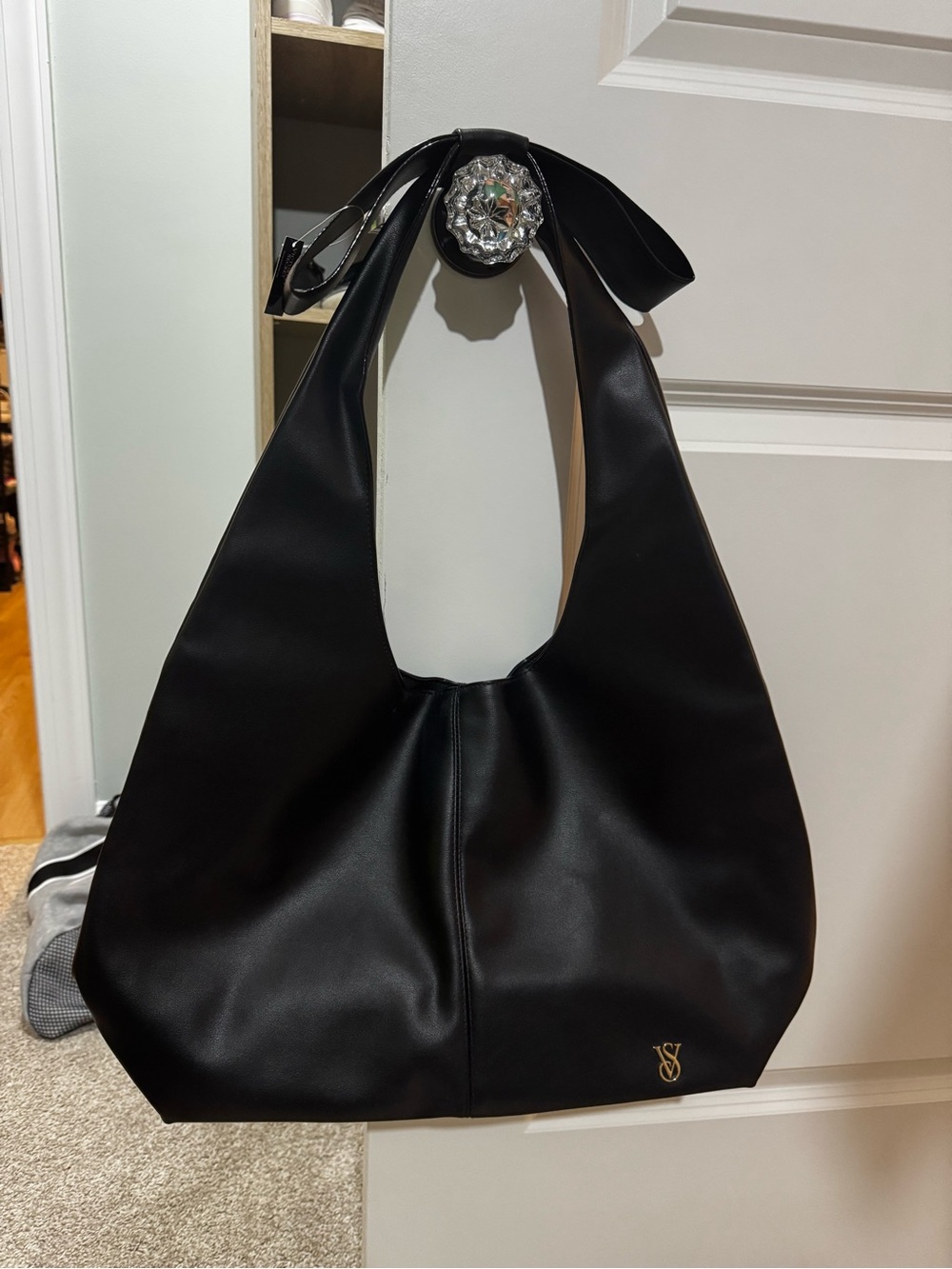 Victoria's Secret Black Shoulder Hobo Bag with Gold Logo
